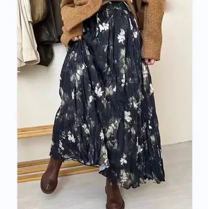 Saias boho casuais de cintura alta com estampa de linha A, saia de tweed, saia plana plana floral estampada de chiffon OEM/ODM Maxi