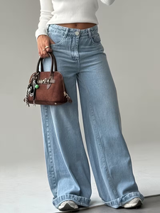 <span class=keywords><strong>Jean</strong></span> pour <span class=keywords><strong>femme</strong></span> délavé clair, taille haute, coupe large, ample, avec ourlet retroussé, style vintage décontracté, longueur pleine, évasé - Product Image 6