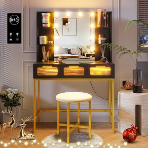 Manufacturer's <b>small</b> vanity charging station with mirror, 10 light bulbs, LED vanity <b>table</b>, 3 drawers/stools. - Product Image 1