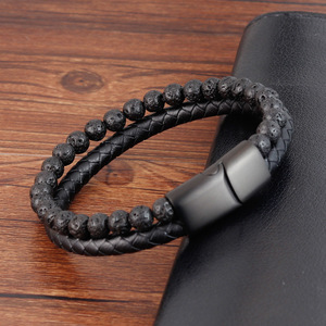 Nieuwe Ontwerp Mannen Lava Steen Spirituele Bescherming Balans Meditatie Armband Roestvrij Staal Lederen Overdrukventiel Armband - Product Image 2
