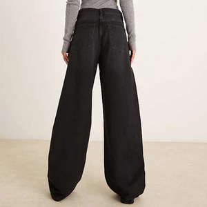 Jeans en denim décontractés confortables pour le travail, à jambe large et taille haute, noirs, <span class=keywords><strong>avec</strong></span> broderie de <span class=keywords><strong>fleurs</strong></span> roses, sur mesure pour femmes, OEM - Product Image 6