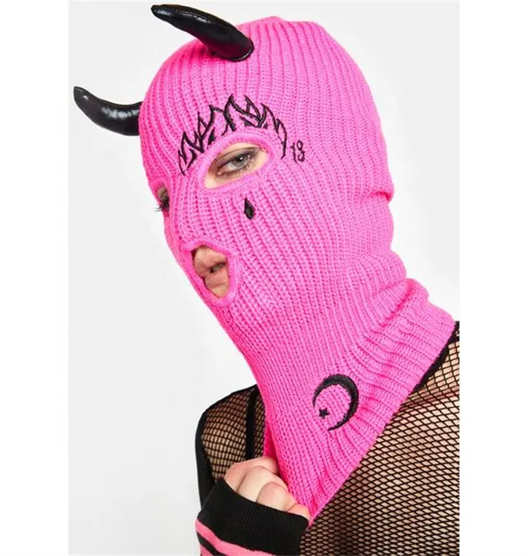 Bán Buôn Sexy Phụ Nữ Halloween Trang Phục Thêu Mắt Gân Knit Ski Mask Balaclava Với Vinyl Devil Horns