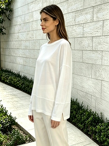 Hot Selling Oversized Drop Shoulder <b>Long</b> Sleeve Tee Seam Stitch Split Hem Crew Neck Casual Loose Tunic <b>Top</b> For Women - Product Image 2