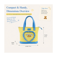 Sac fourre-tout Teddy Island sous licence jaune et bleu avec bordure en forme de cœur et broderie d'ours, sac à main léger pour le campus et les trajets quotidiens