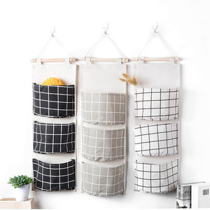 Wall Mounted Storage <b>Bag</b> With Three Pockets Cotton Linen Fabric <b>Punch</b> Free Home Decor Organizer White Black Gray - Product Image 2