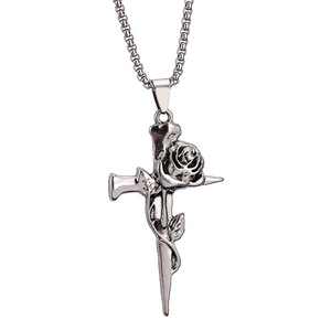 Collana Lunga con Ciondolo Unico in Acciaio Inossidabile, Design Vintage Retrò con Rosa e Croce, Edizione Limitata per Uomo - Product Image 6