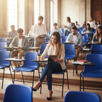 Chaise de classe commerciale moderne et durable avec grand tablette d'écriture, porte-gobelet et panier à livres fixe en PP
