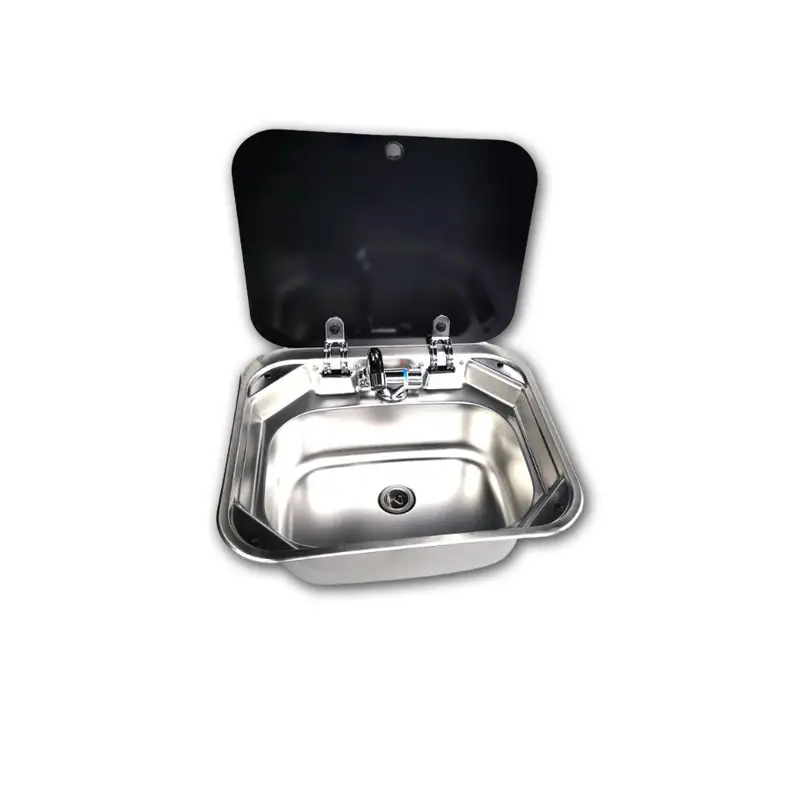 Excellent Handwashing Basin Sink with Tempered Glass Lid Portable Rectangle Design for Camper Motorhoem Boat RV & Travel Trailer