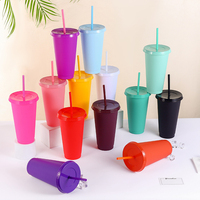 Gobelet réutilisable en plastique PP sans BPA, 16oz/24oz, coloré, uni, pour boissons froides, avec couvercle et paille