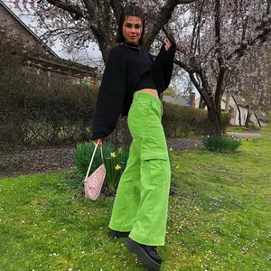 2021 Winterkleid ung für Frauen Jeans mit geradem Bein und hoher Taille Cord hose mit Tasche fluor zierende grüne Hose lässige Streetwear