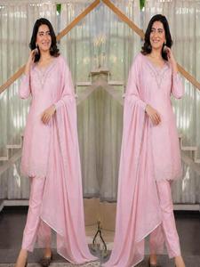 Elegant Women's Party Wedding Wear Designer Kurti Top Flowing Farshi Salwar Heavy Natural Crepe Silk Dupatta <b>Three</b> Piece - Product Image 1