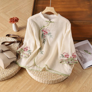 Yellow Cotton Linen Blouse Women Three Quarter Sleeve Embroidery Stand Collar Asymmetrical Placket Frog Button Top Everyday Wear - Product Image 2