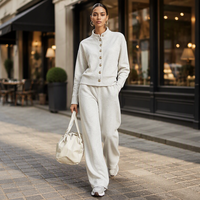 Ensemble décontracté pour femme, style européen et américain, en polaire unie, col montant, cardigan ample et pantalon large, en polyester, pour l'hiver