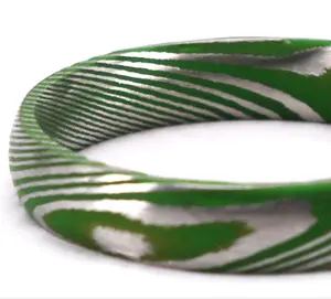 4mm Unique New Green Ceramic Coating Damascus Steel Ring colored Damascus Steel Ring Top sell Green Pure Damascus Steel Ring
