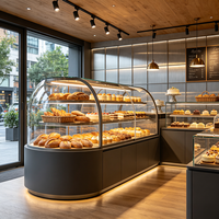 Airy Luxe Bakery & Coffee Market Stall Featuring Glass Display Case, Open Tiered Shelving, and Integrated Warm Lighting