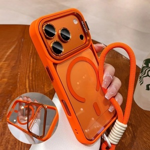 Transparent colours metal <b>camera</b> frame holder <b>magnetic</b> clear phone case with strap lanyard back cover for iPhone 11 12 17 pro - Product Image 1