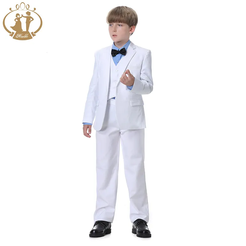 Tiga Potong Setelan Setelan Putih Anak Laki-laki, Kostum Pernikahan Piano Dua Kancing Pakaian Pesta Anak Laki-laki