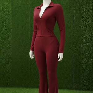 Women Full Length <b>Red</b> Solid Color Polo Neck Zipper <b>Bodysuit</b> Active Stretch Spandex Polyester Jumpsuit - Product Image 1