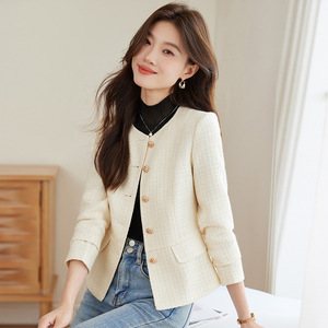 Women's Blue Blazer With Pockets Solid Color Polyester Worsted No-Wrinkle Treatment Autumn Spring Suit Top - Product Image 3