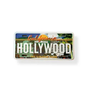 Hollywood moderno pequeno Embossed Alumínio Car License Plate Metal Lembrança Frigorífico Ímã Logotipo Personalizado Forma Etiqueta Magnética Estilo