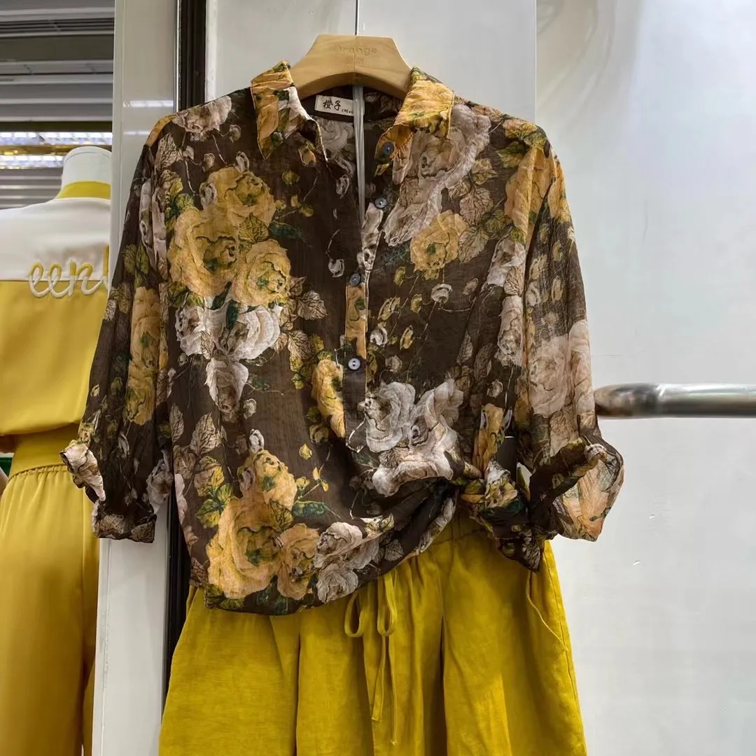 Summer Cotton Linen Loose Tops Casual O Neck Floral Print T Shirt Blouse