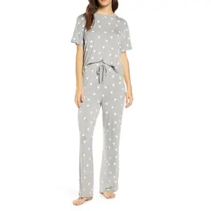 Heart printed Sleep and loungewear clothing women Short sleeve t shirt and long wide leg pant with drawstring