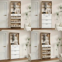 Porte-manteau moderne en bois d'ingénierie blanc 2 en 1, arbre mince avec tiroir à chaussures caché pour l'entrée et le couloir