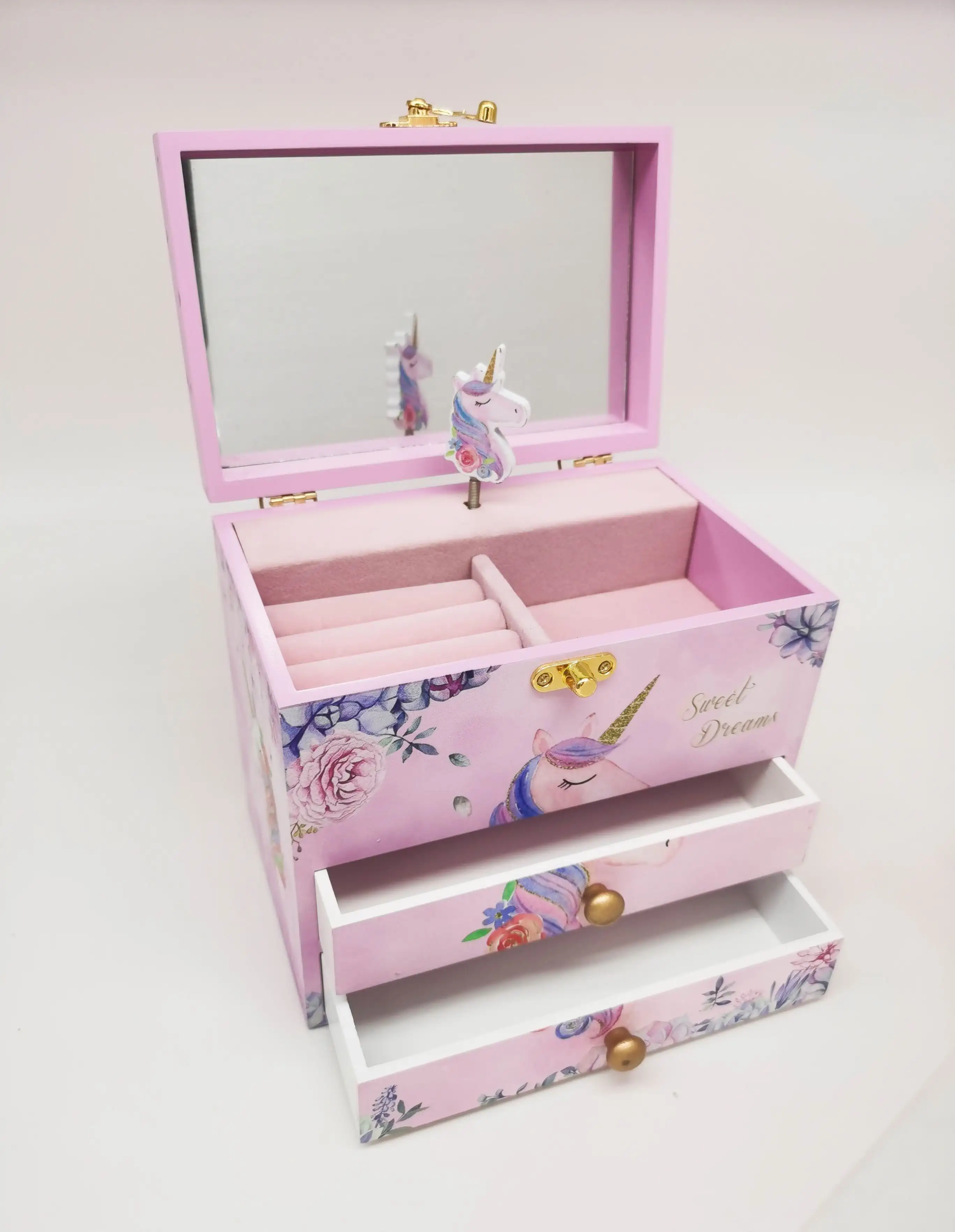 Luxury Princess Purple With Lock Key Girls Kids Gift Wooden Unicorn Custom Jewelry Musical Trinket Box