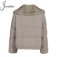 Manteau bomber pour femme Jxwatcher, en duvet de canard doux et épais, coupe-vent, respirant, avec fermeture éclair personnalisée, col en fourrure de vison véritable de luxe
