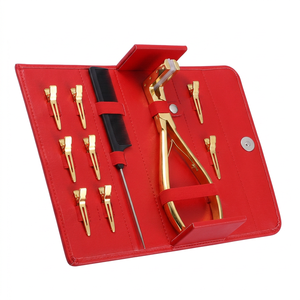 TEEJAY Kit de pinces à extensions capillaires en acier inoxydable rouge, peigne de sectionnement et pinces dorées pour pose et retrait d'extensions à bandes – Vente chaude - Product Image 1