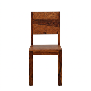 Sheesham Wood Dining <b>Chair</b> With Geometric Carved Backrest Solid Seat Straight <b>Legs</b> Rustic Modern Handcrafted Furniture For Home - Product Image 6