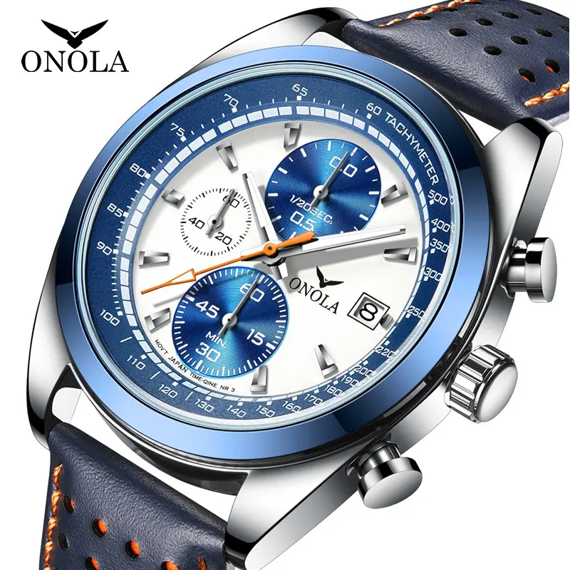 ONOLA 6823 Casual Fashion Sport Watches For Men Blue Luxury Leather Watch Man Clock Chronograph Wristwatch