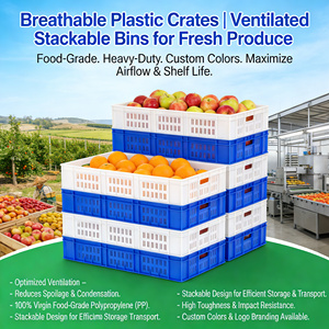 Conteneurs de stockage en plastique recyclables perforés et ventilés empilables, caisses en plastique pour fruits et légumes, caisses de déménagement - Product Image 1