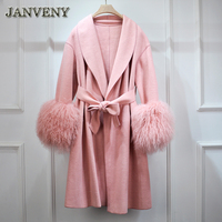 JANVENY 2024 haut de gamme moelleux mongol fourrure poignets couture Double face cachemire veste femmes costume col ceintures laine Trench manteau
