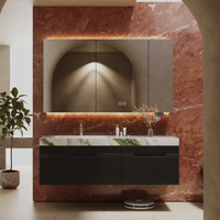 Mueble de Baño Flotante Minimalista de Madera Maciza Natural con Lavabo de Cerámica Integrado y Espejo LED Inteligente