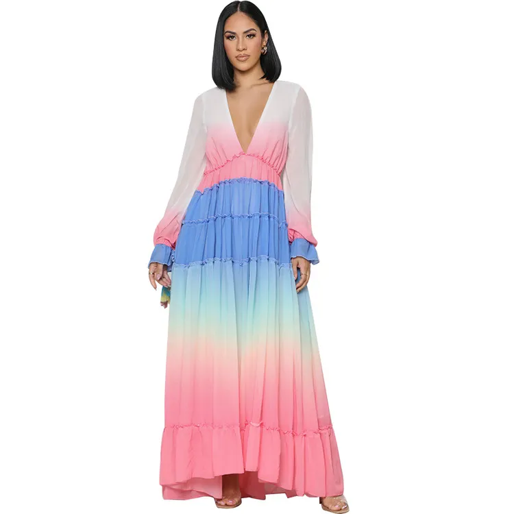 Plus Size Nieuwe Ontwerp Lente Zomer Damesmode Lange Mouwen Ruches Lange Rok Gradiënt Chiffon Sheer Layer Casual jurk