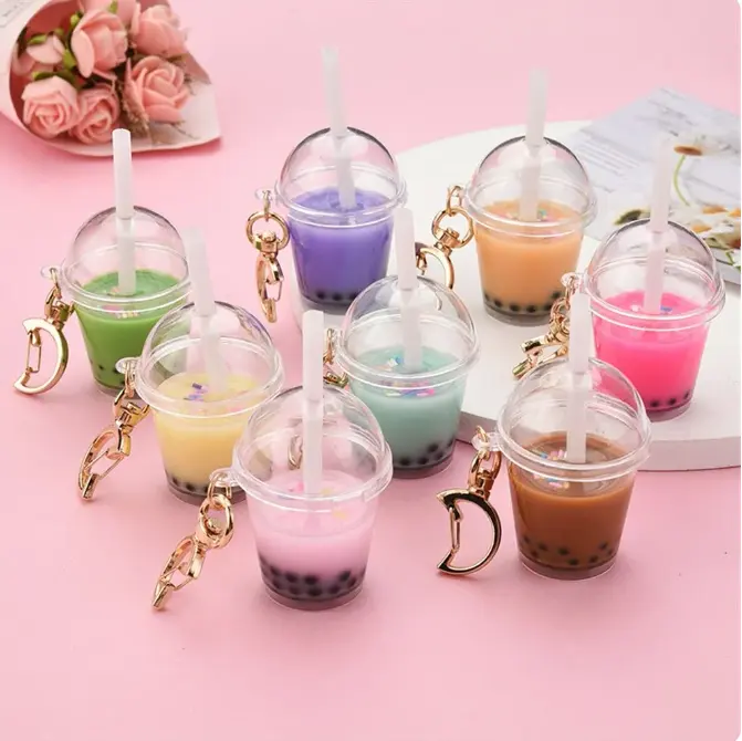 Mignon mini porte-clés de thé à bulles pour femmes acrylique Simulation bulle tasse lune porte-clés avec paille fille cadeau décoration pendentif