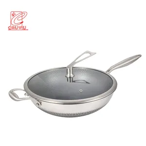 3-Ply Baja Stainless Steel Wajan dan Tutup Kaca Non Stick Bawah Fry Pan Fry Wok Peralatan Memasak