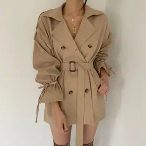 Elegant Women Fashion Loose Flare Sleeve Double Breasted <strong>Coat</strong> Ladies Khaki <strong>Knee</strong> <strong>Length</strong> Windbreak <strong>Coat</strong> Trench - Product Image 1