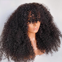 Perruque Afro Bouclée Frisée Noire Naturelle Faite à la Machine Avec Frange, Cheveux Humains Brésiliens Sans Colle Pour Femmes
