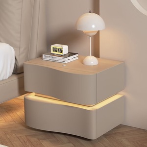 โต๊ะข้างเตียงสีครีมพร้อมไฟ LED โต๊ะข้างเตียงเก็บของในห้องนอนสไตล์มินิมอลทันสมัย - Product Image 5