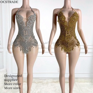 Ocstrade Beaded Applique Rhinestone Party Dinner Birthday Cocktail Dresses Women <strong>Pu</strong> <strong>Leather</strong> Bodycon Club Dresses Sexy New 2024 - Product Image 1