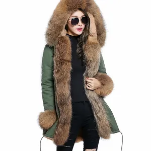 Abrigo de piel de mapache Real para mujer, Parka gruesa con cuello y capucha, moda de invierno