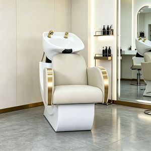 Fauteuil de lavage semi-inclinable en cuir PU beige avec base en fibre de verre, cuvette en céramique et accoudoirs en acier inoxydable doré – Unité de salon - Product Image 2