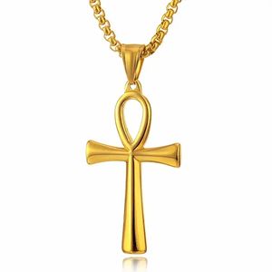 Solid Color Gold Plated Cross <strong>Necklace</strong> Square Box Chain <strong>Ankh</strong> Cross Pendant <strong>Necklace</strong> Unisex - Product Image 5