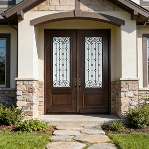 Puerta de Entrada Doble Exterior para Villa de Lujo, Estilo Victoriano, Hierro Forjado, Vidrio, Madera Sólida, Hecha a Medida - Product Image 2