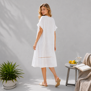 Abito Midi Estivo da Donna Bianco con Scollo a V, Pizzo Traforato e Maniche Corte a Balze, Stile Casual Boho <span class=keywords><strong>Chic</strong></span> - Vendita all'Ingrosso - Product Image 5