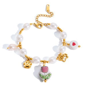 Ceramic Pearl Bracelet With Flower Charm Stainless Steel Women's Jewelry Gift - Product Image 5