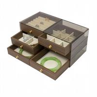 Organisateur de bijoux multi-niveaux en gros avec 6 tiroirs, finition grain de noyer et compartiments en velours pour bagues et boucles d'oreilles