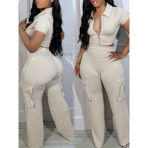 Zipper Top Multi Pocket Trousers Casual Solid Color Women's Casual 2 Piece <b>Set</b> Fashion - Product Image 2